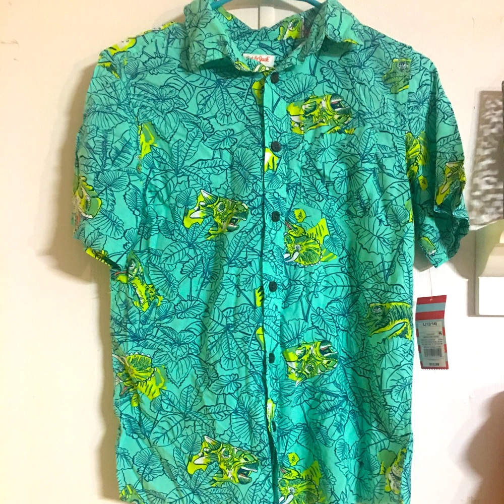 Cat & Jack Turquoise Tropical Button-Down Shirt with Yellow Print